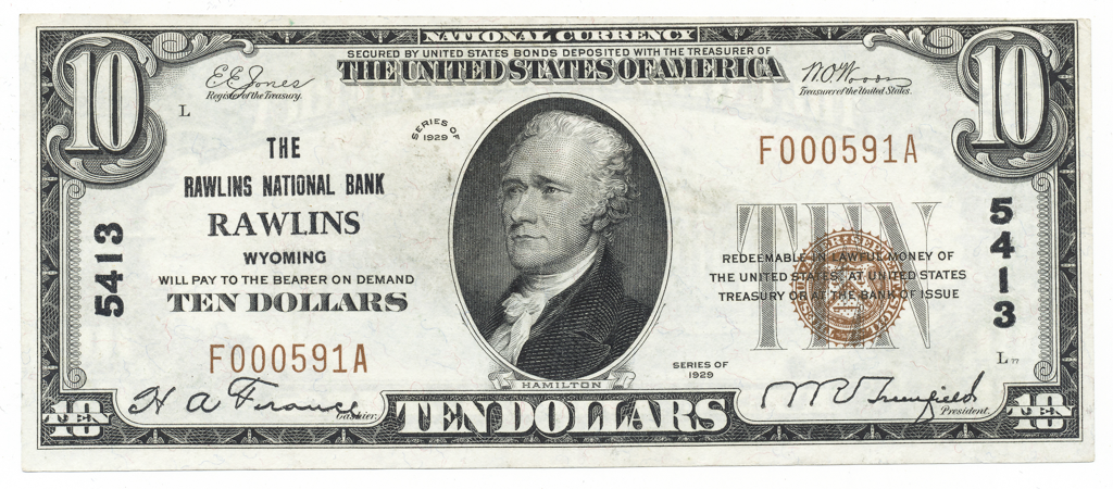 $10 The Rawlins National Bank Rawlins, Wyoming Type I Charter #5413