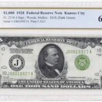 $1,000 1928 Federal Reserve Note Kansas City GEM UNC 65 PPQ
