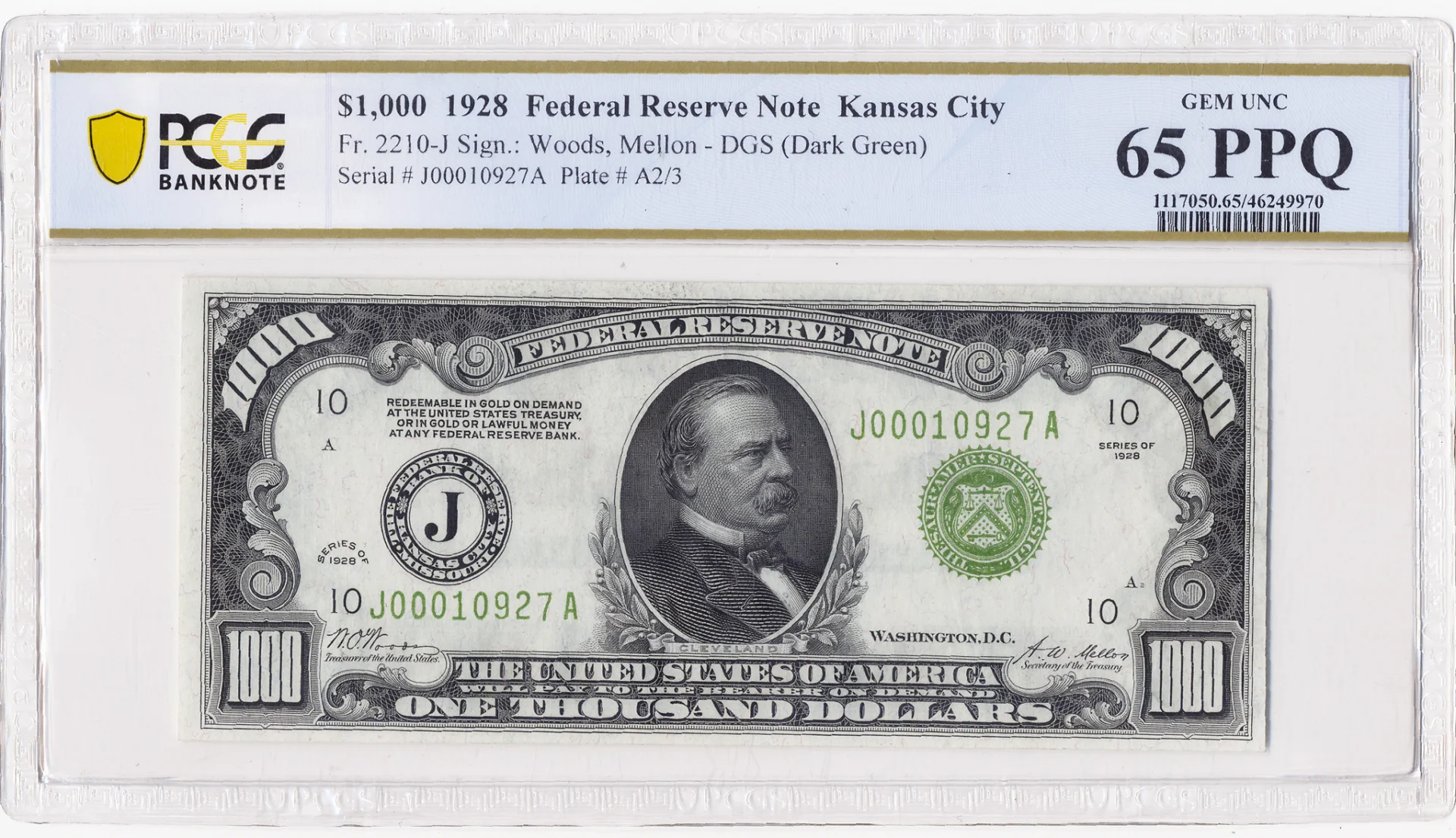 $1,000 1928 Federal Reserve Note Kansas City GEM UNC 65 PPQ