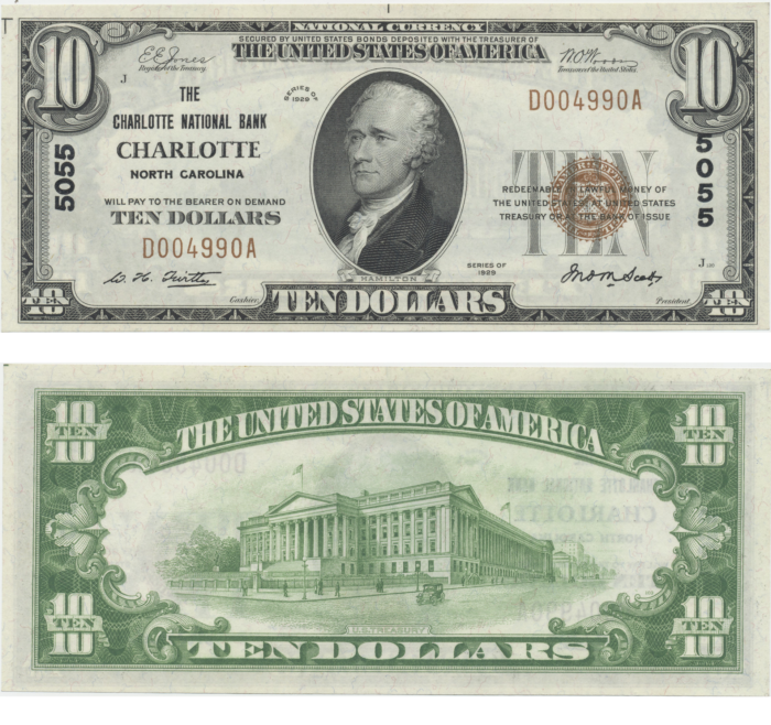 1929 $10 The Charlotte National Bank Charlotte, North Carolina Charter ...